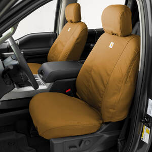 Don't let the rugged good looks fool you. These custom car seat covers are engineered to be tough as nails. Made with iconic heavy-duty, firm-hand Duck Weave fabric that is triple stitched at the main seams for lasting durability. Each custom Carhartt seat cover is specially treated with Rain Defender&reg; durable water repellent (DWR) to ensure any spills bead up so your truck seat covers do not get soaked.