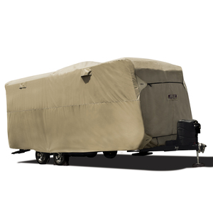 Our Storage Lot Travel Trailer Covers are perfect for keeping your Travel Trailers road ready when stored for long periods in storage lots. We specially engineered the fabric with 4 layers of Polypropylene protection to provide superior UV protection, durability, and breathability. Not only were these Storage Lot Travel Trailer Covers built tough, but functional also. We have a unique CAM Buckle system and Slip-Seam strapping system in place that helps secure straps in place, create a snug fit, prevent slippage, and cinches cover tight on all 4 bottom corners to help keep the wind out.