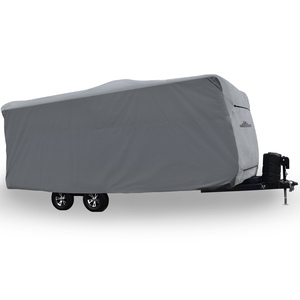 Keep your Travel Trailer protected with a universal cover by Covercraft specially engineered for superior fit and protection in moderate climates or for indoor use. Wolf RV Covers fit any size RV from 15-foot to 31-foot travel trailers.</p>            Our Wolf RV Covers are made from a multi-layer polypropylene material that is designed to breath allowing moisture to evaporate out keeping your trailer protected from moisture build-up.