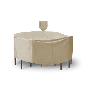 You will always be ready for whatever Mother Nature may bring when you protect your outdoor furniture with our durable round outdoor table and chair covers. Our water resistant bar table and chair combo cover prevents damage from the elements and will keep your furniture in ready-to-use condition throughout the year. This cover is designed to go over both the table and the chairs and accommodates tables with an umbrella hole.