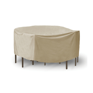 You will always be ready for whatever Mother Nature may bring when you protect your outdoor furniture with our durable round outdoor table and chair covers. Our water resistant table and chair combo cover prevents damage from the elements and will keep your furniture in ready-to-use condition throughout the year. This cover is designed to go over both the table and the chairs and accommodates tables without an umbrella hole.