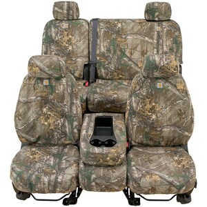 Bring the rugged outdoors into your Truck with Carhartt&reg; Realtree&reg; Camo SeatSaver Seat Covers. Made from the iconic durable duck-weave fabric you have come to love. These rugged seat covers will hold up to the abuse any hunter throws at them. These covers are made highly water-resistant with Rain Defender&reg; durable water repellent to protect your seats from accidental spills or soggy clothes from hunting outdoors.