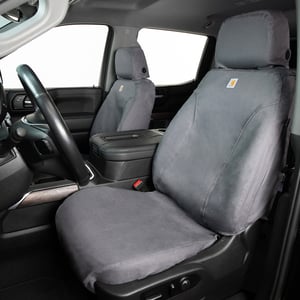 Covercraft Carhartt SeatSaver custom seat covers installed on front bucket seats, gravel color